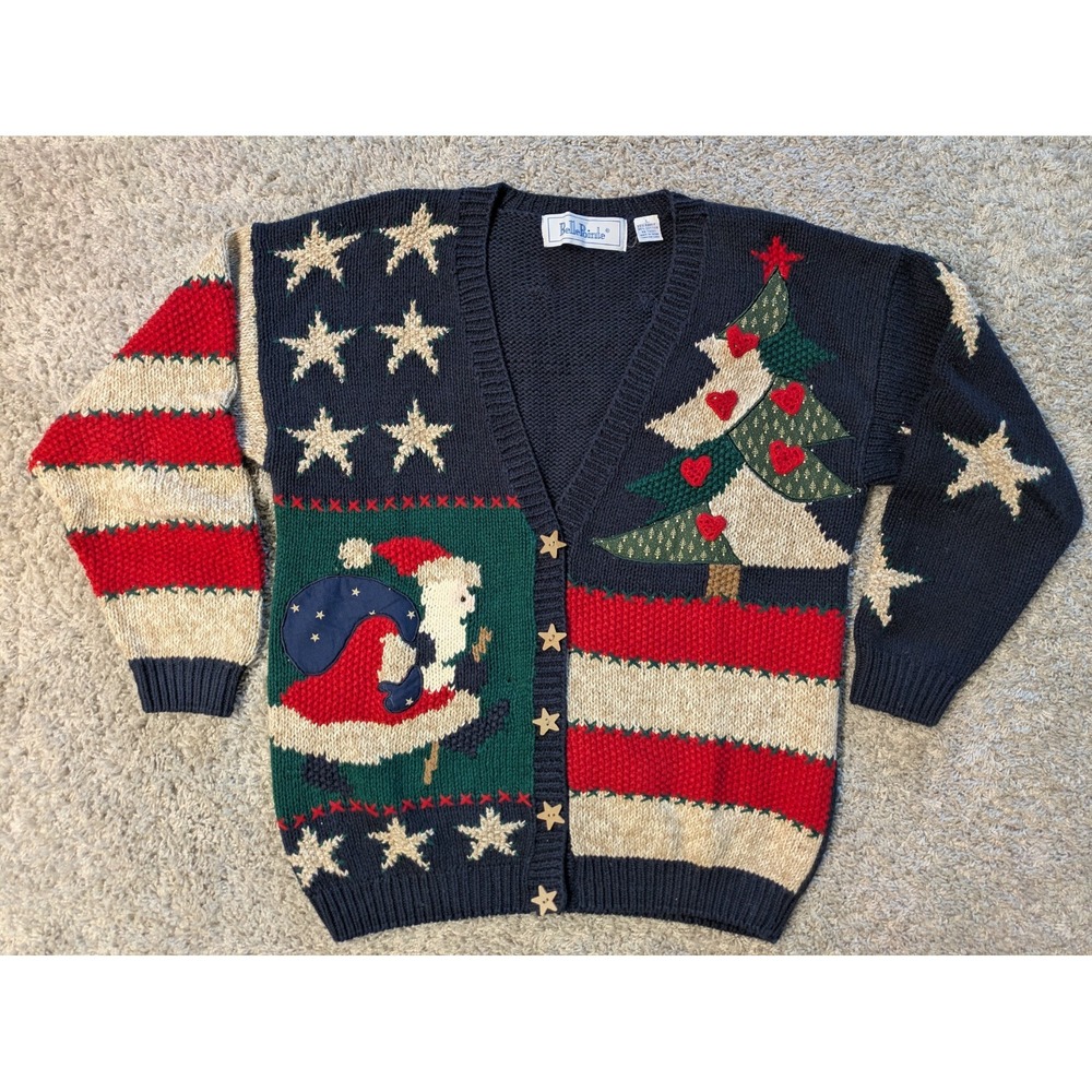 VTG Belle Pointe Knitted‎ Christmas Santa Cardigan Wooden Buttons Sz L USA Flag